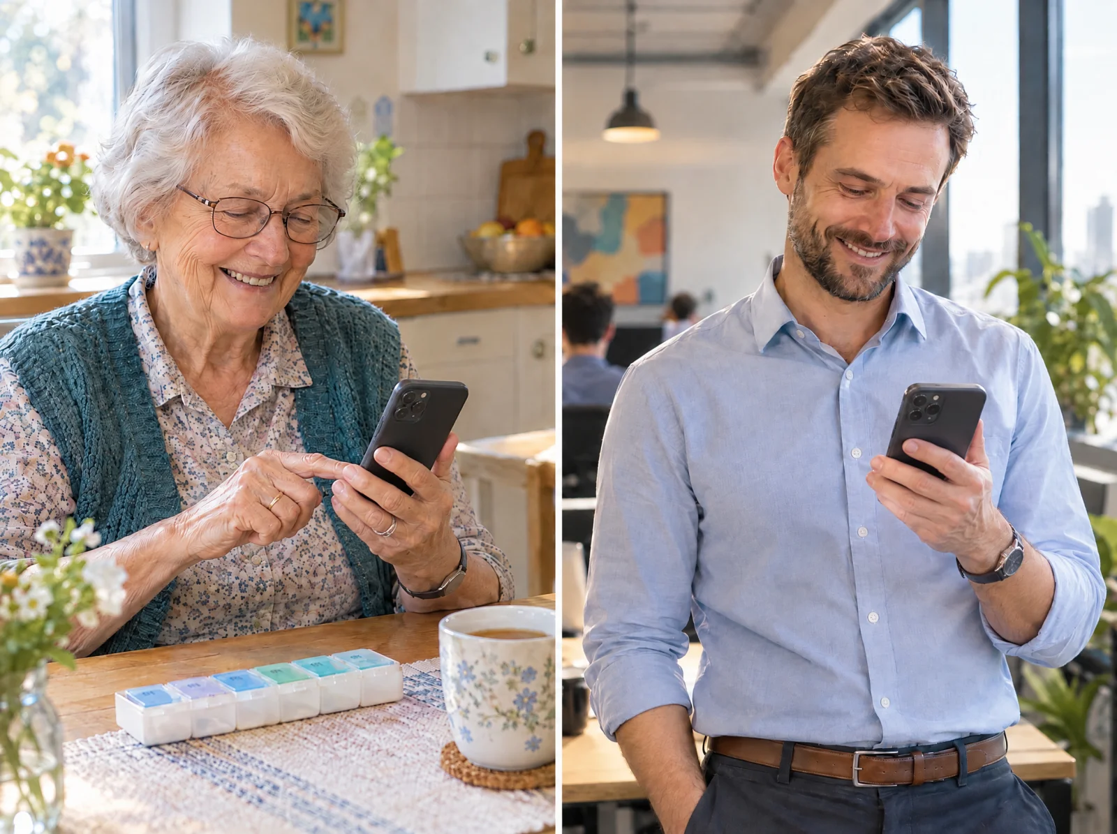 Moeder bevestigt haar medicatie in de app, haar zoon ziet het meteen op zijn werk